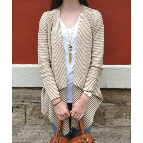 Merona Target Yellow & White Stripe Cascading Open Cardigan Size Large Acrylic - Picture 1 of 8